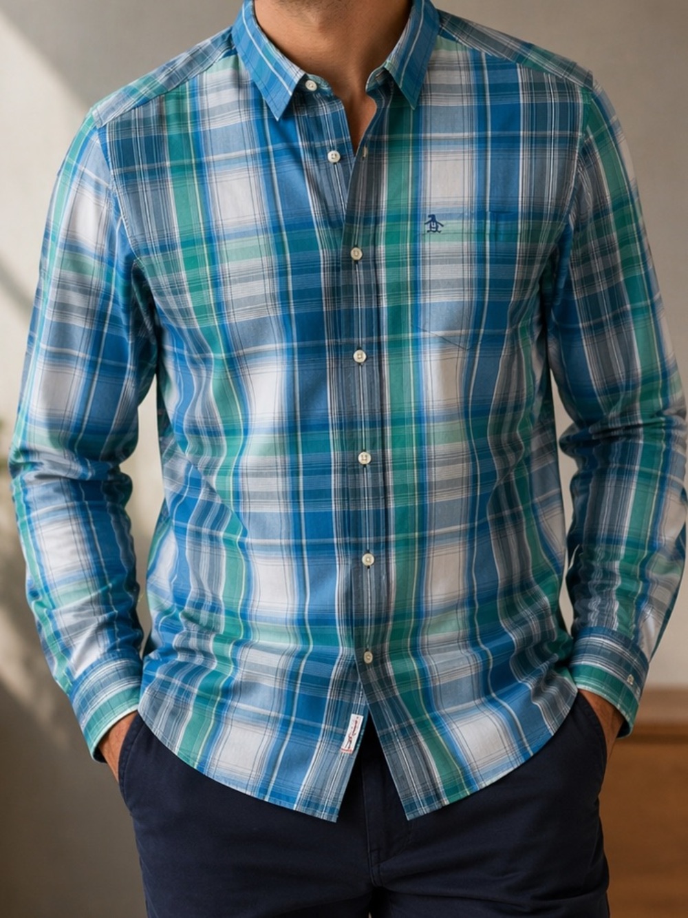 Original Penguin Plaid Classic Fit Long Sleeve Button Down Mens Large Blue Green